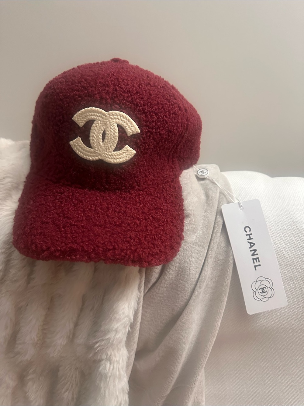 Chanel Burgundy Bouclé Baseball Cap with Cream CC Emblem